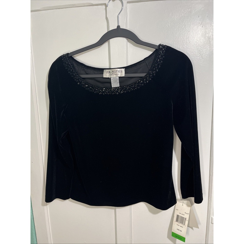 J.R Nites by Caliendo Women's Black Velvet Rouched Neck Long Sleeve Top MEDIUM.